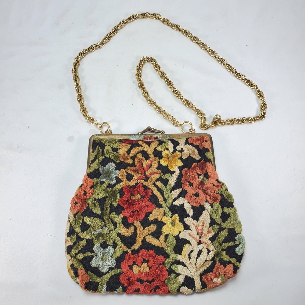 Vintage Needlepoint Floral Evening Bag Black Multicolor Gold Chain Kiss Lock